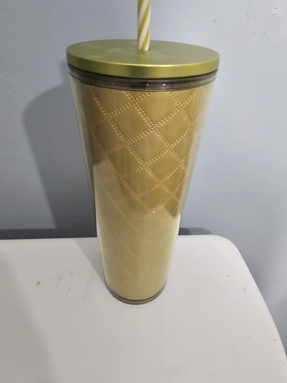 Starbucks Gold Quilted Tumbler with White Logo and Striped Straw